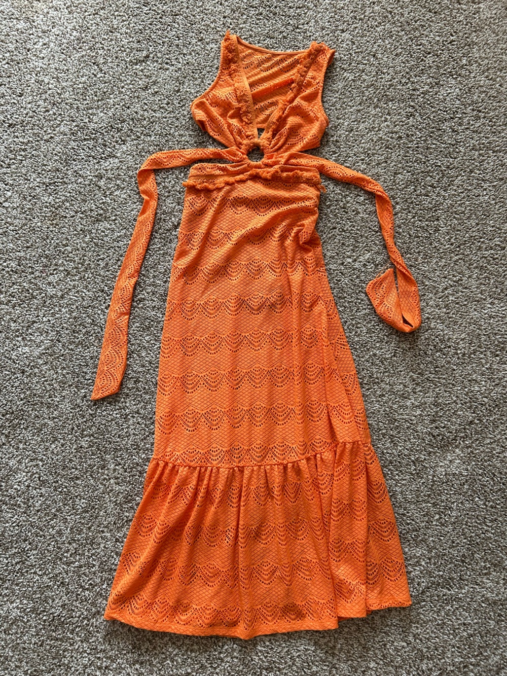 SHEIN Orange Crochet Maxi Dress with Tie Waist